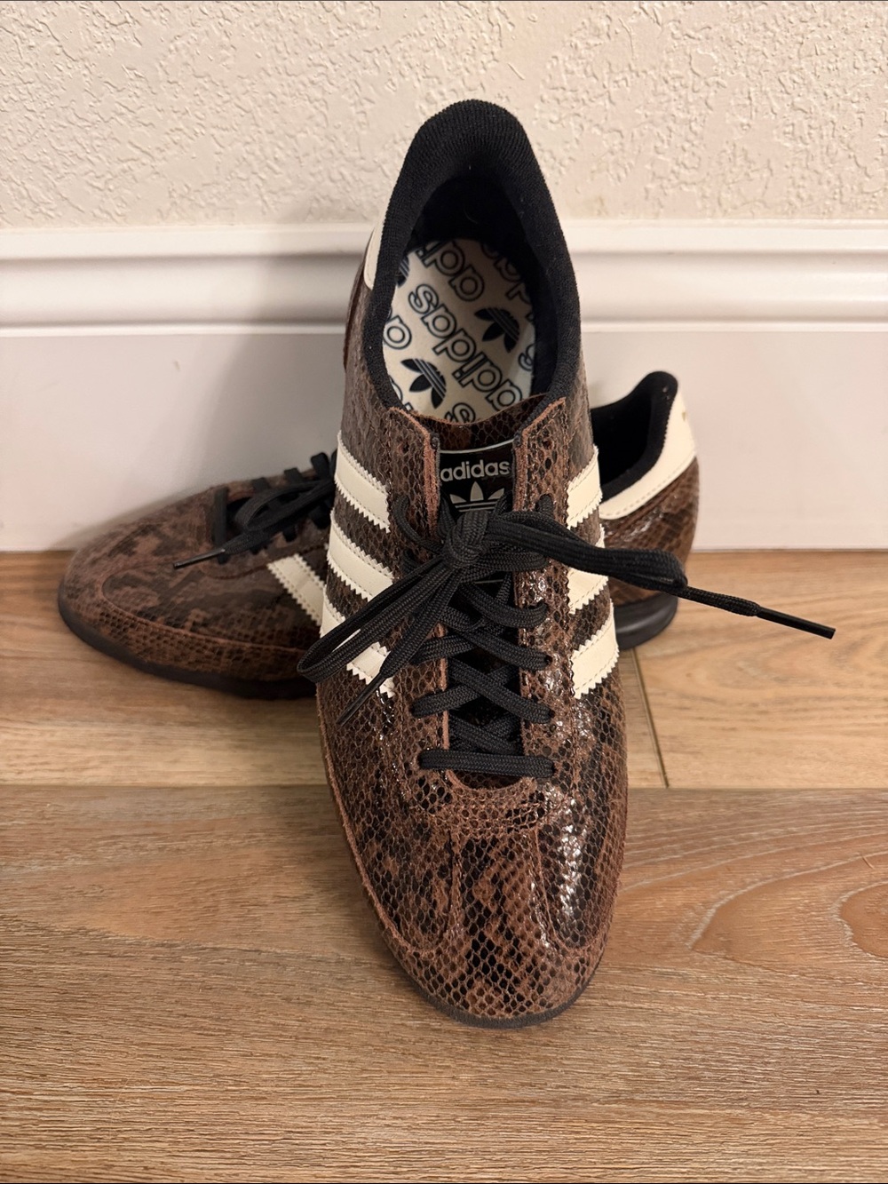 adidas Brown Snake-Print Sneakers with White Stripes